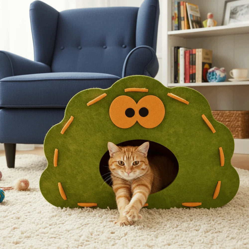 Semi-Enclosed Felt Cat Bed Cave Non-Flaking Wear-Resistant Cat Hiding Nest Detachable Breathable Cat Scratch Integrated House