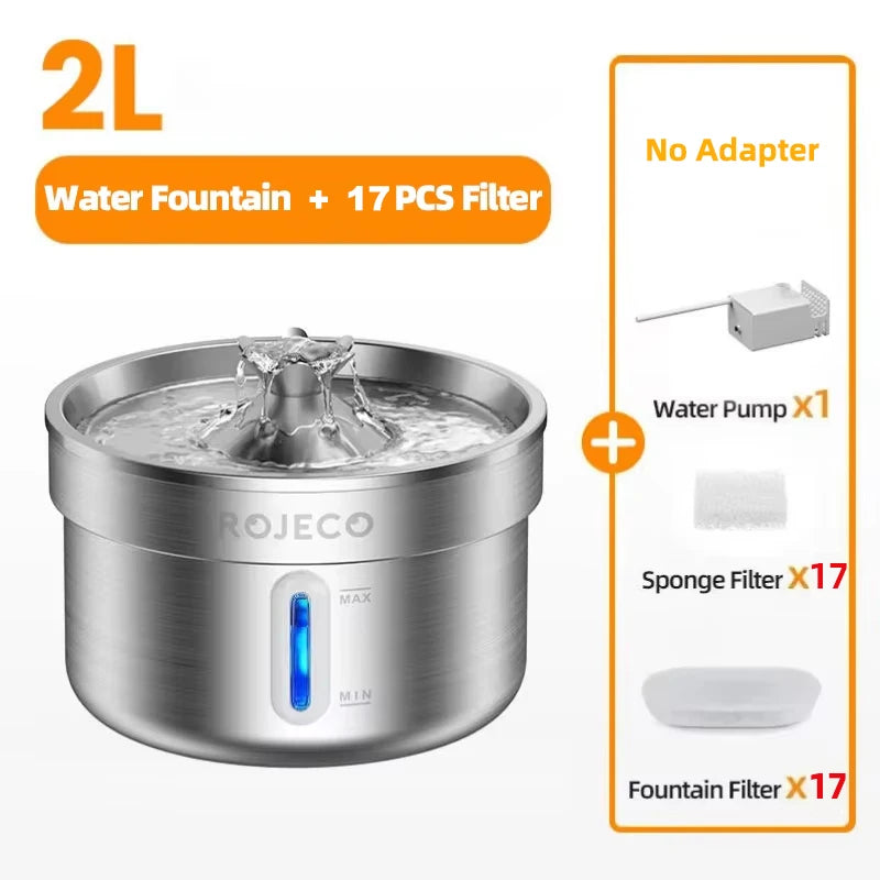 ROJECO Stainless Steel Cat Water Fountain Filters 2L Automatic Pet Water Dispenser Smart Drinking Fountain for Cat Dog Supplies