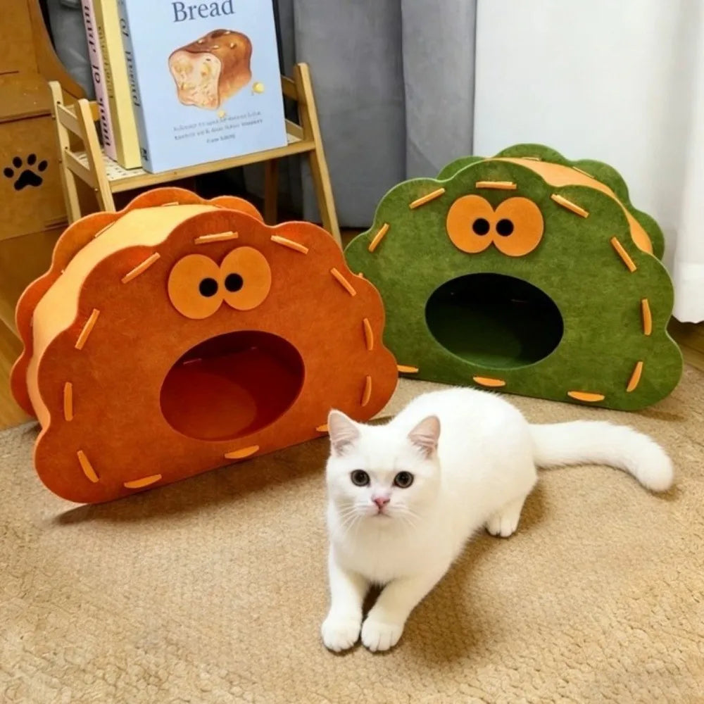 Semi-Enclosed Felt Cat Bed Cave Non-Flaking Wear-Resistant Cat Hiding Nest Detachable Breathable Cat Scratch Integrated House