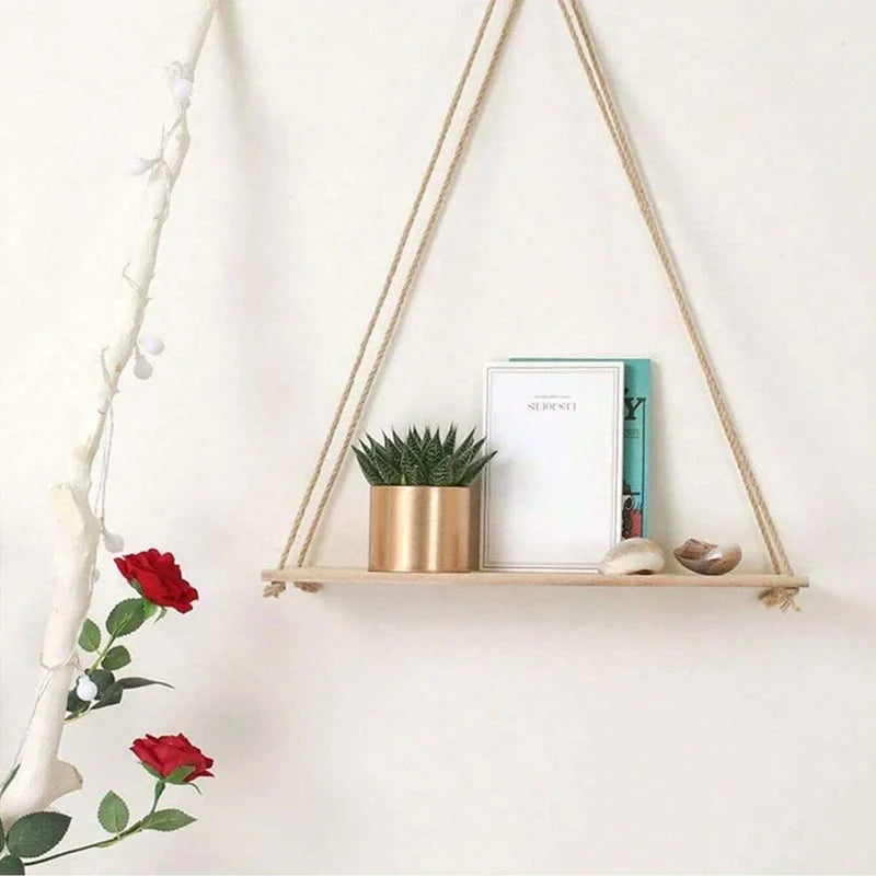 Wooden Swing Hanging Hemp Rope Wall Shelve Mounted Floating Home Living Room Plant Flower Pot Tray Storage Garden Decoration