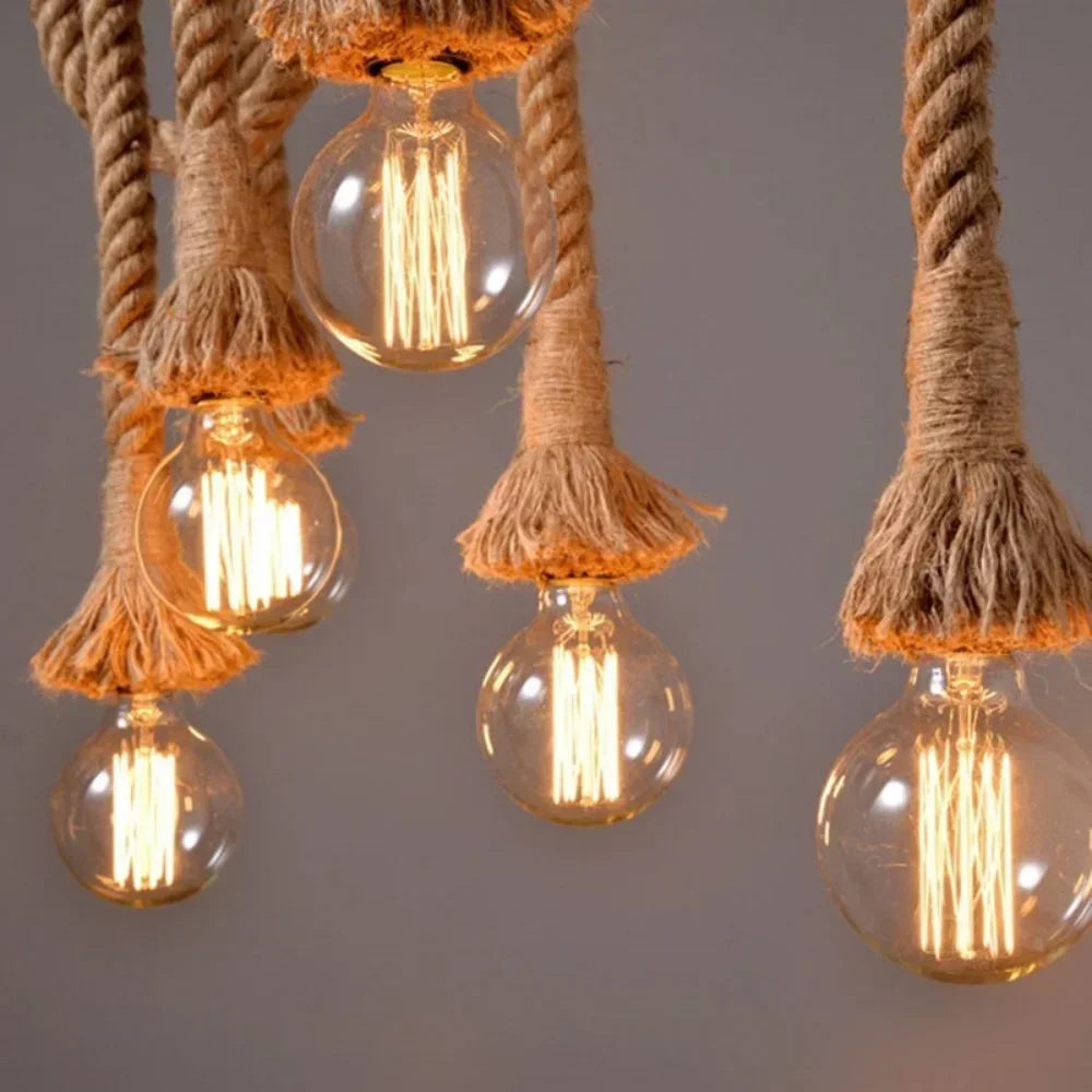 Industrial E27 Vintage Hemp Rope Pendant Lights Attic Personality Indoor Lightings for Loft/Living Room/Bar Pendant Chandelier