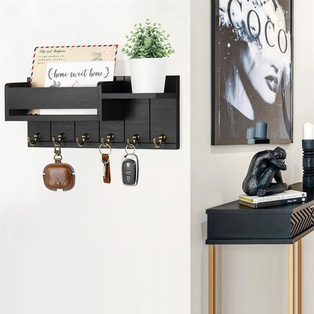 Decorative Key Rack and Mail Organizer with 6 Key Hooks Rustic Wood Key Holder Wall Mounted with Shelf for Living Room Enterway