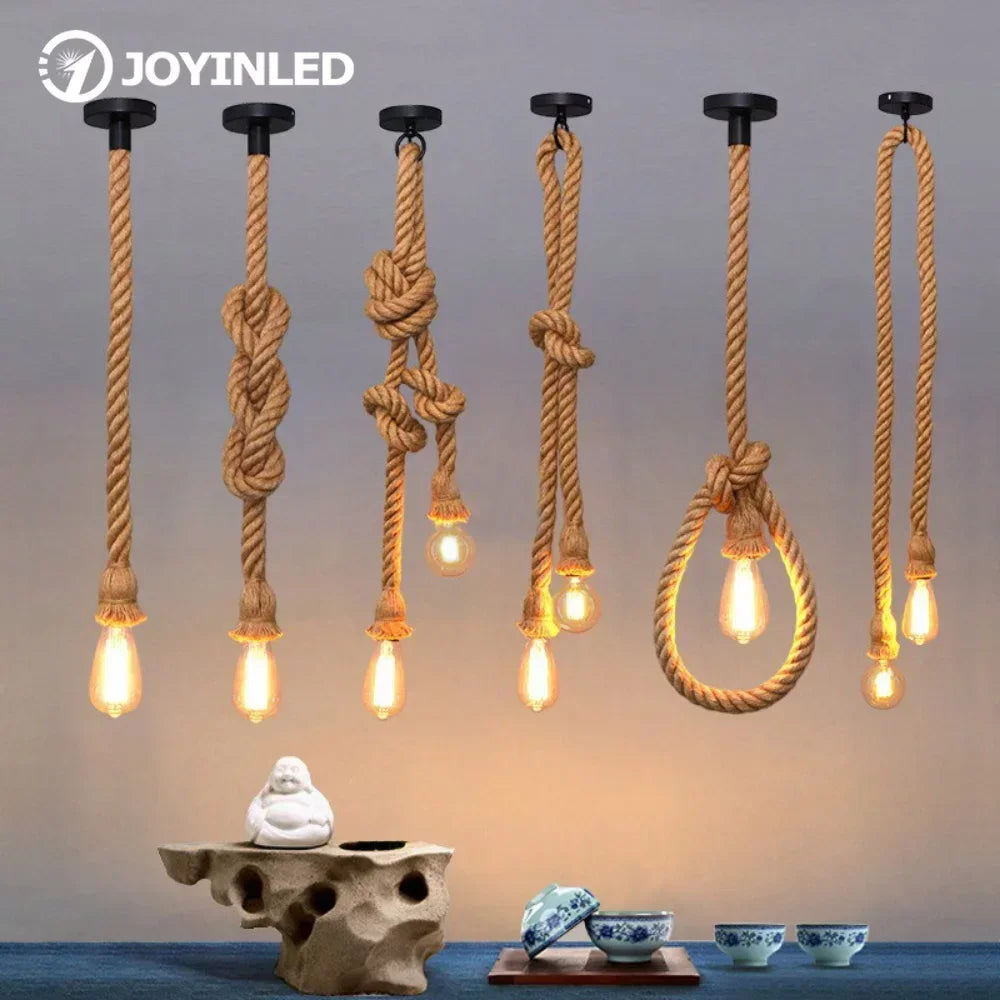Industrial E27 Vintage Hemp Rope Pendant Lights Attic Personality Indoor Lightings for Loft/Living Room/Bar Pendant Chandelier