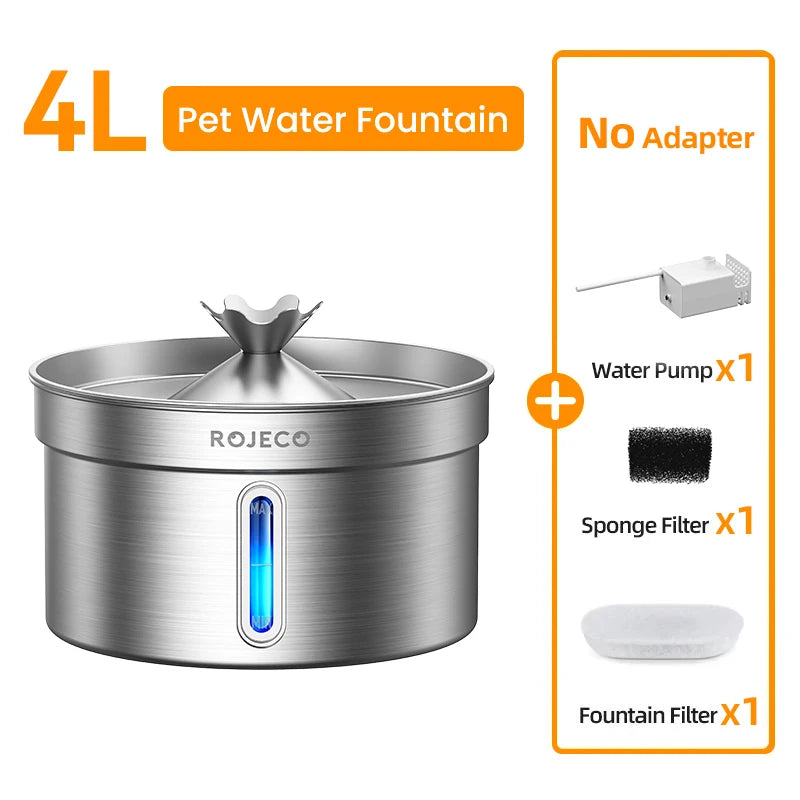 ROJECO Stainless Steel Cat Water Fountain Filters 2L Automatic Pet Water Dispenser Smart Drinking Fountain for Cat Dog Supplies