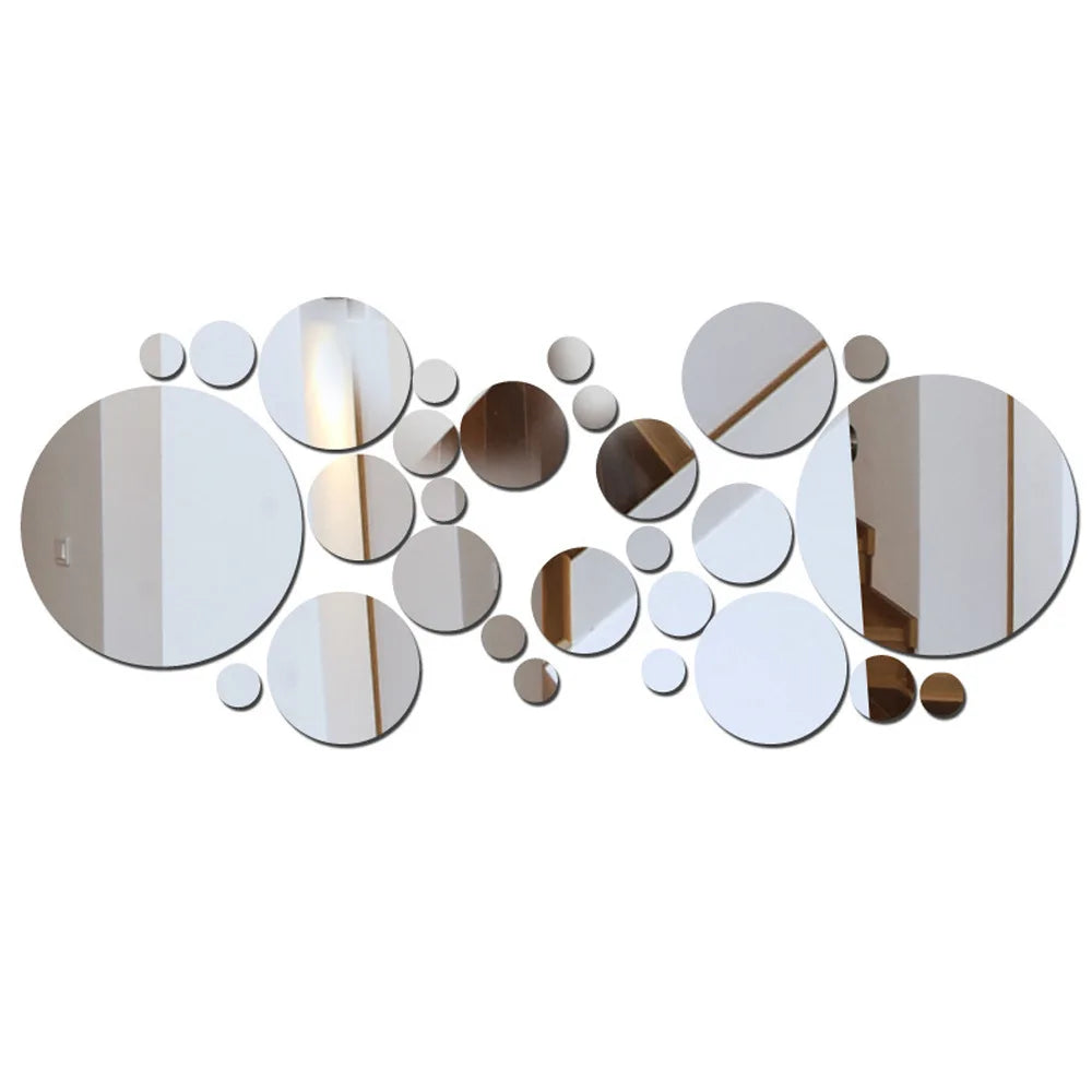 26PC 3D Acrylic Mirror Wall Stickers Set Round Adhesive Reflective Decorative Panels for Living Room Bedroom TV Background Decor