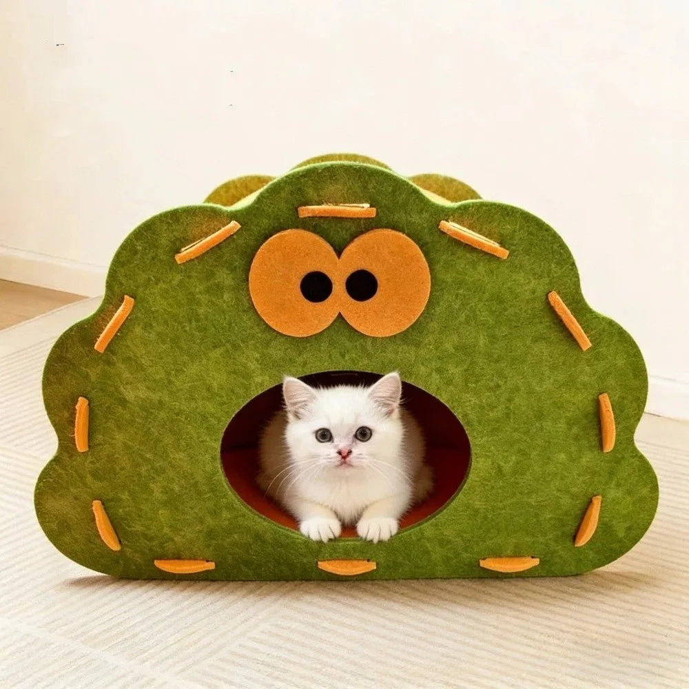 Semi-Enclosed Felt Cat Bed Cave Non-Flaking Wear-Resistant Cat Hiding Nest Detachable Breathable Cat Scratch Integrated House