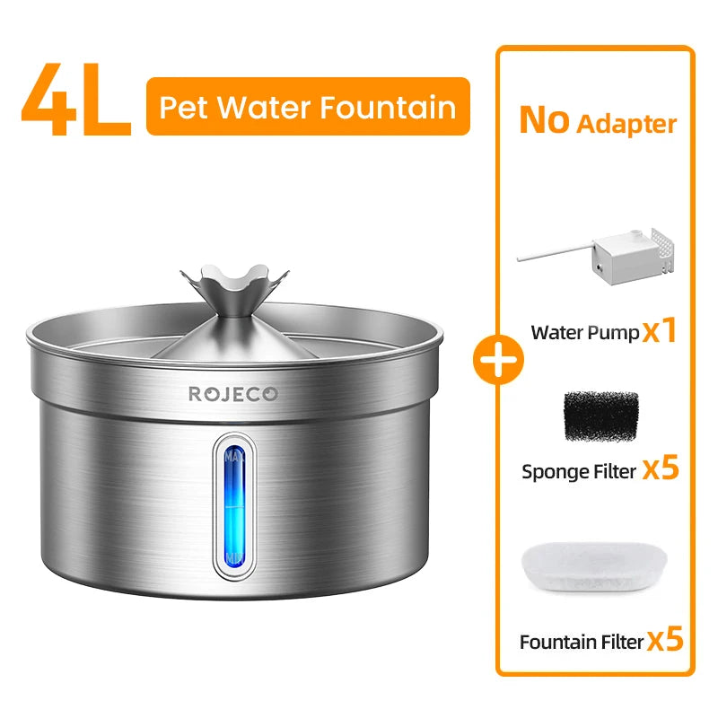 ROJECO Stainless Steel Cat Water Fountain Filters 2L Automatic Pet Water Dispenser Smart Drinking Fountain for Cat Dog Supplies