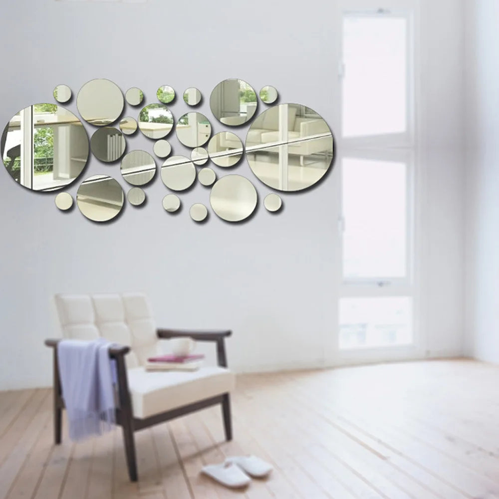 26PC 3D Acrylic Mirror Wall Stickers Set Round Adhesive Reflective Decorative Panels for Living Room Bedroom TV Background Decor