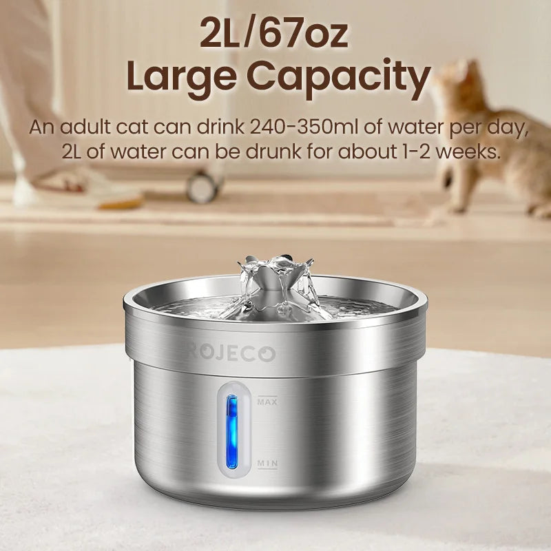 ROJECO Stainless Steel Cat Water Fountain Filters 2L Automatic Pet Water Dispenser Smart Drinking Fountain for Cat Dog Supplies