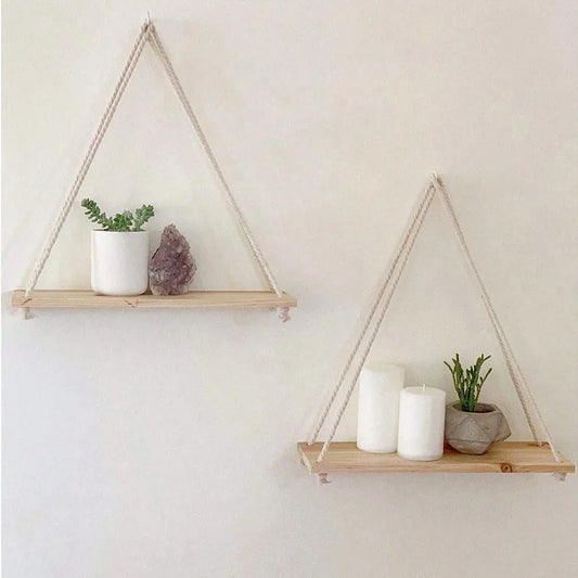 Wooden Swing Hanging Hemp Rope Wall Shelve Mounted Floating Home Living Room Plant Flower Pot Tray Storage Garden Decoration
