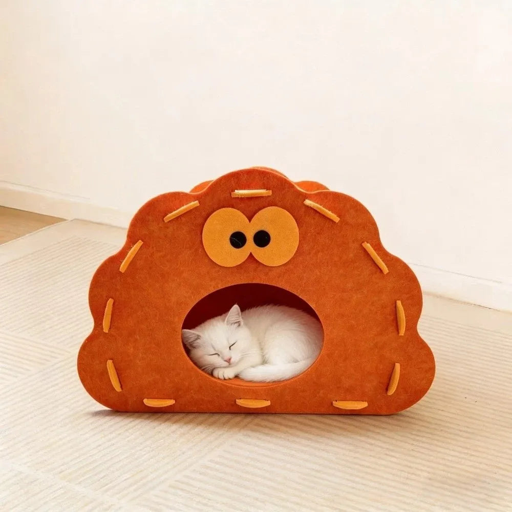 Semi-Enclosed Felt Cat Bed Cave Non-Flaking Wear-Resistant Cat Hiding Nest Detachable Breathable Cat Scratch Integrated House