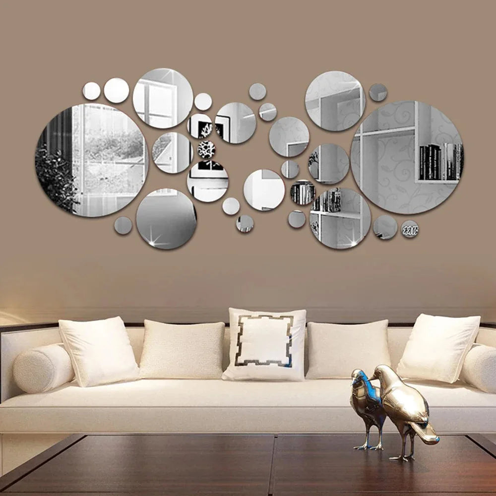 26PC 3D Acrylic Mirror Wall Stickers Set Round Adhesive Reflective Decorative Panels for Living Room Bedroom TV Background Decor