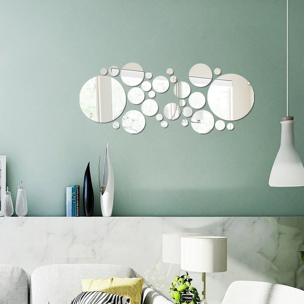 26PC 3D Acrylic Mirror Wall Stickers Set Round Adhesive Reflective Decorative Panels for Living Room Bedroom TV Background Decor
