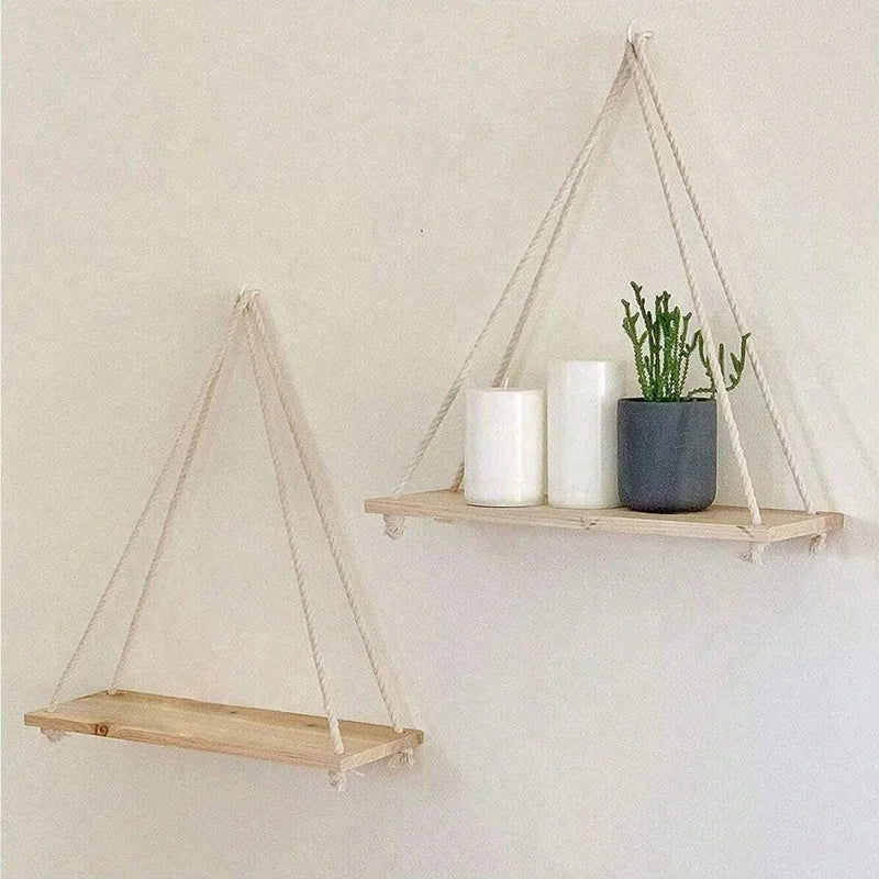 Wooden Swing Hanging Hemp Rope Wall Shelve Mounted Floating Home Living Room Plant Flower Pot Tray Storage Garden Decoration
