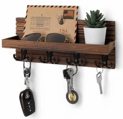 Wooden Key Holder for Entryway Decor Wall Mounted Mail Organizer and Key Hanger with 4 Hooks Rustic Rack for Keys Sunglasses