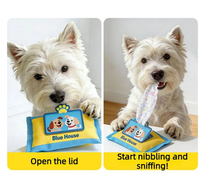Durable Tearproof Pet Snuffle Tissue Box Toy Squeaky Food Hidden Puzzle Puppy Chew Toy Anxiety Relief Interactive Dog Training