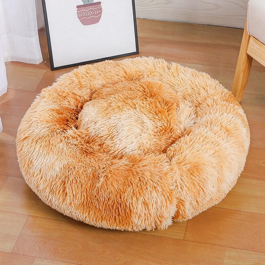 Yellow Tie-Dye Fuzzy Donut Pet Nest 60cm Wide - Round Plush Cat & Dog Resting Cushion, Warm Machine Washable Indoor Naptime Spot