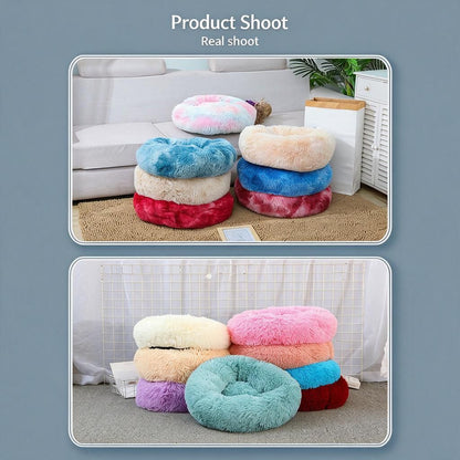 Pet Calming Ring Nest 80cm Across in Yellow Tie Dye - Washable Extra Fluffy Faux Fur Cushion Keeps Medium Cats & Spaniels Warm, Indoor Rest